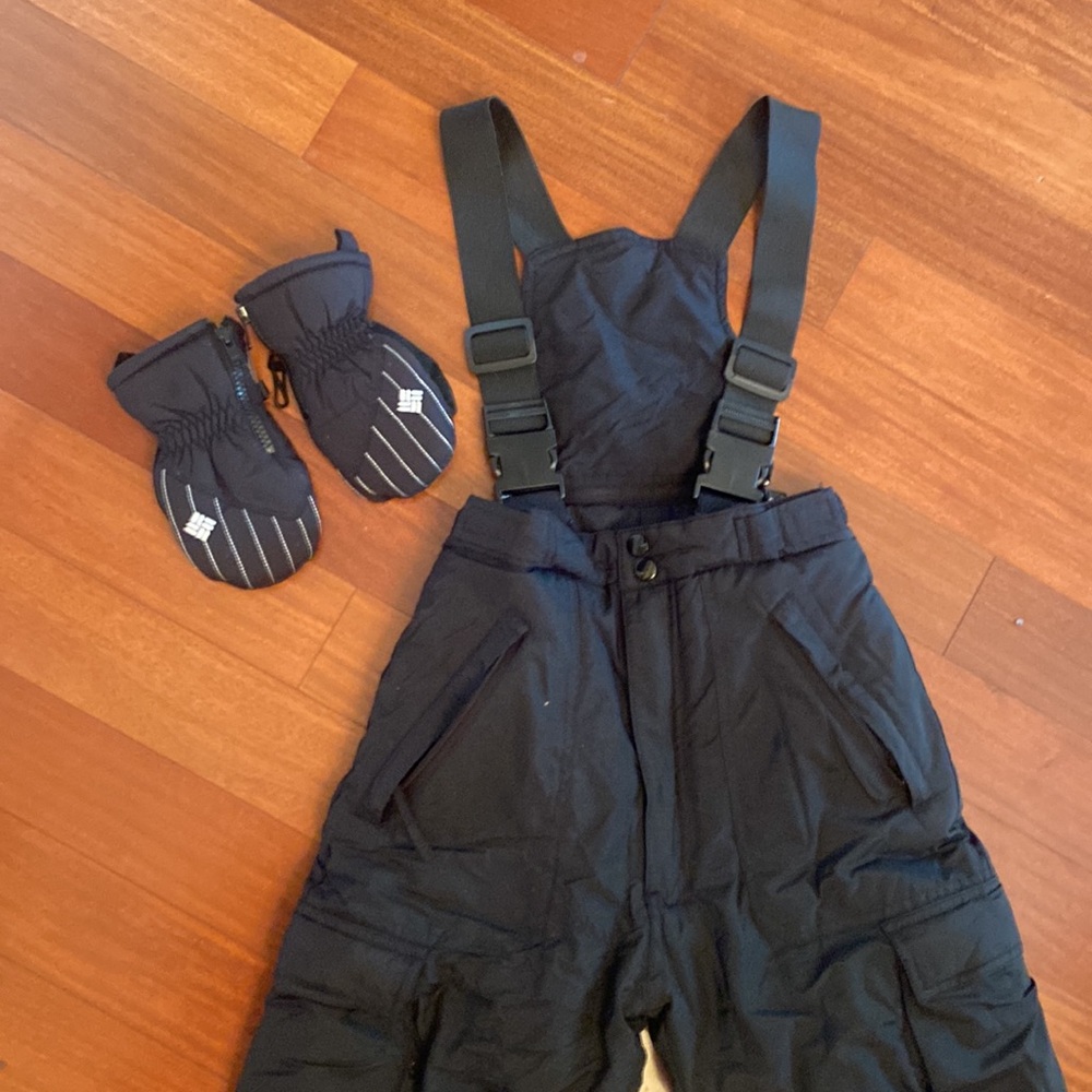 Weather Control Youth Sz8 Black Snow Ski Bib Overalls & Columbia Small Gloves